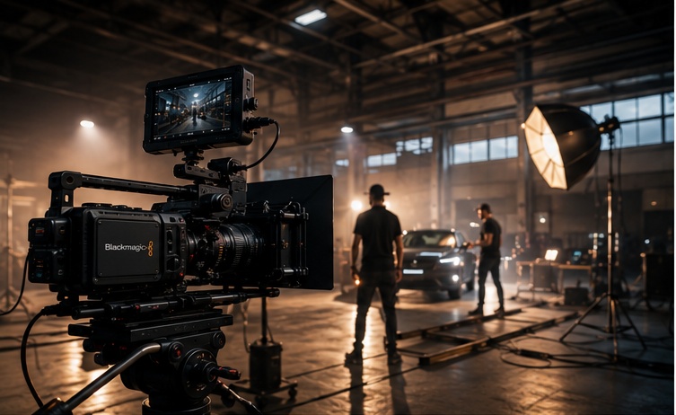 Professional commercial video production with cinema camera, lighting, and crew